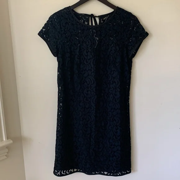 chinese dress ladies Ann Taylor Loft Women's Navy Lace Overlay Short Sleeve Shift Dress Size 10T